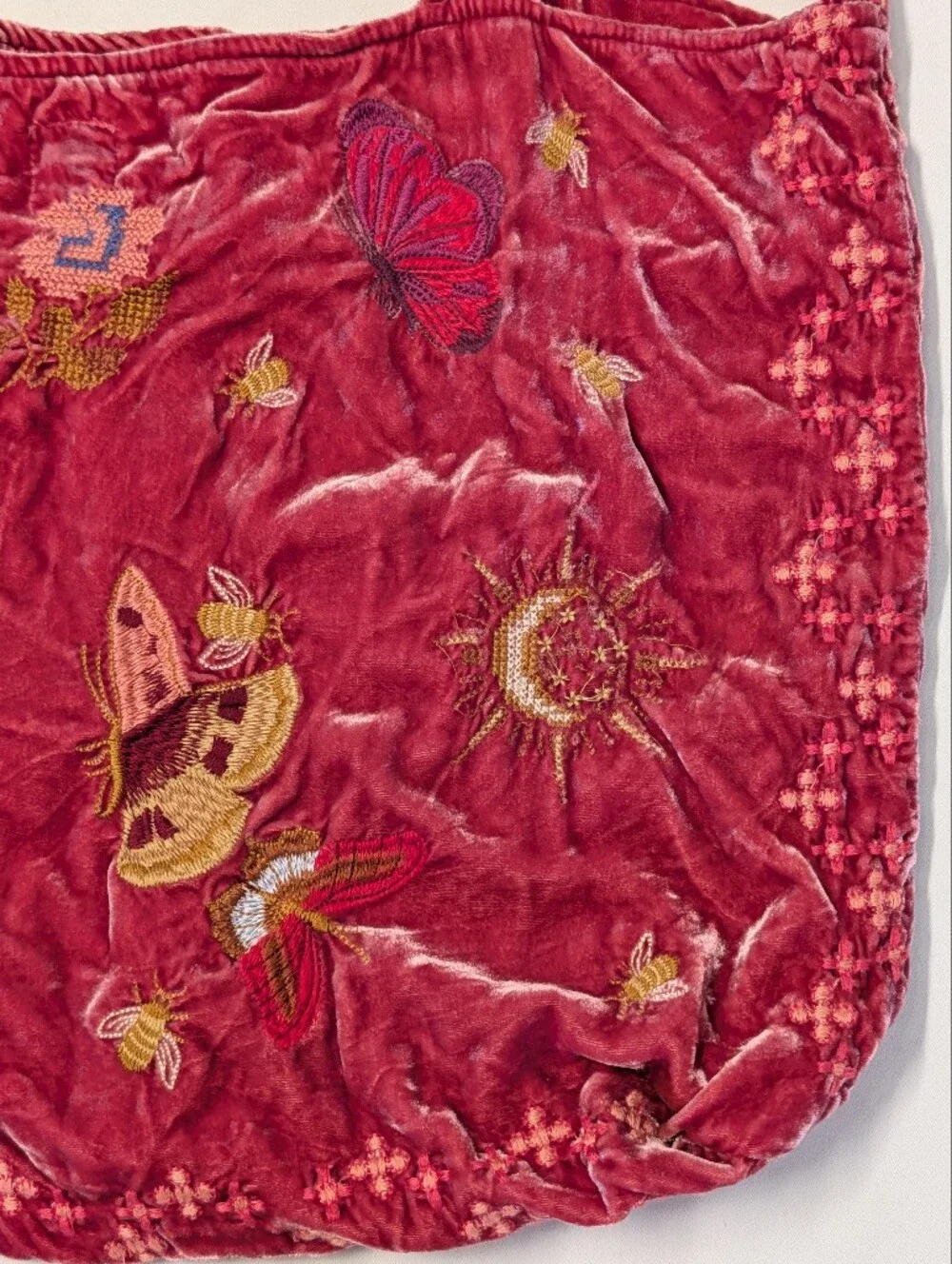 Johnny Was Aria Velvet Silk Embroidered Butterfly & Bee Floral Tote Shoulder Bag